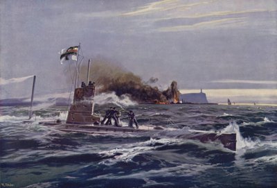 German Submarine Destroying Storage Tanks at a British Oil Refinery on the Coast of Ireland by Willy Moralt